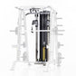 TuffStuff Evolution Smith Machine with half cage ensemble featuring black vertical rails, yellow weight stack, and white fram