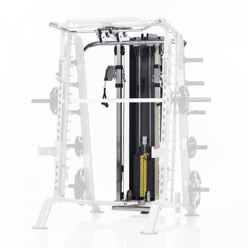 TuffStuff Evolution Smith Machine with half cage ensemble featuring black vertical rails, yellow weight stack, and white fram