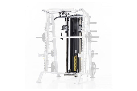 Tuffstuff Hi/Lo Pulley System with 200lb weight stack, featuring black and yellow dual pulley cables on white background