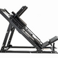 Black leg press and hack squat machine with adjustable foot plate and angled frame on white background