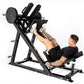 Black leg press and hack squat machine with weight plate, demonstrating use by male model in black shirt on white background