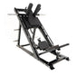 Black and silver leg press hack squat machine with padded backrest, footplate, and dual shoulder supports on white background
