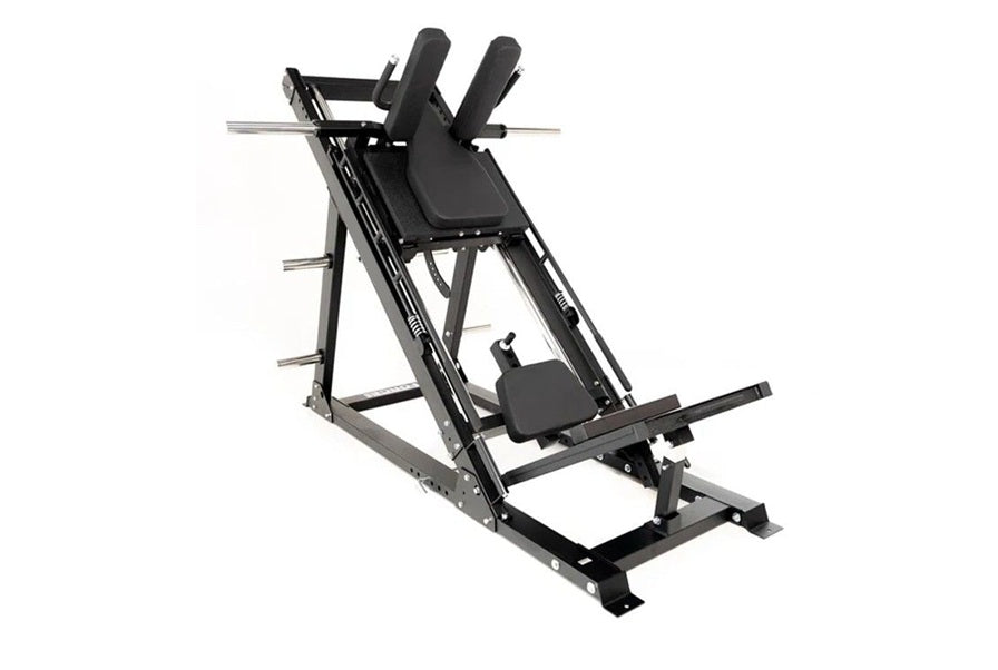 Black and silver leg press hack squat machine with padded backrest, footplate, and dual shoulder supports on white background