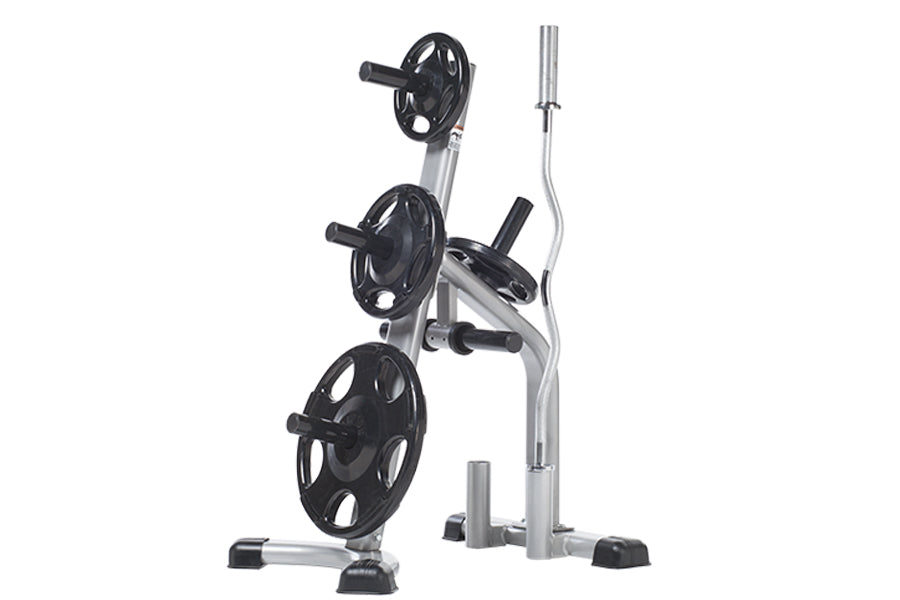 TuffStuff Olympic plate tree and bar holder with silver steel frame holding three black weight plates and barbell bars on whi