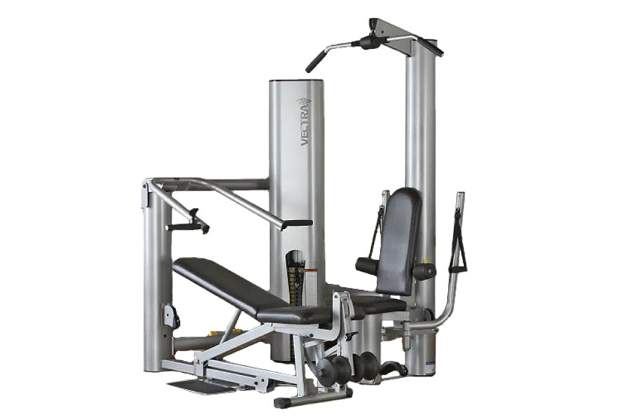 Vectra On-Line 1450 home gym with silver steel frame, black padded seat and backrest, multiple exercise stations, on white ba