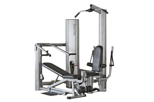 Vectra On-Line 1450 home gym with silver steel frame, black padded seat and backrest, multiple exercise stations, on white ba