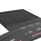 Black smart treadmill with digital display showing time and battery percentage, control buttons, and cushioned running deck o