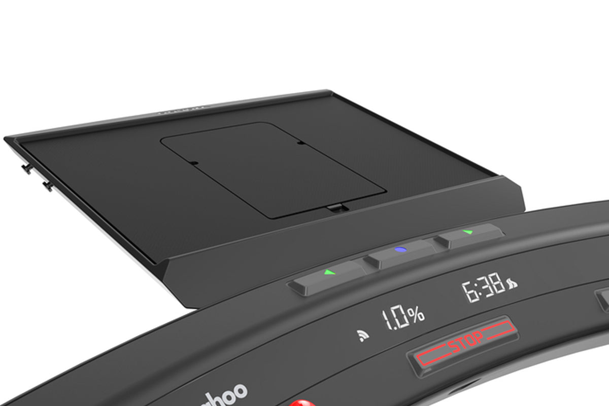 Black smart treadmill with digital display showing time and battery percentage, control buttons, and cushioned running deck o