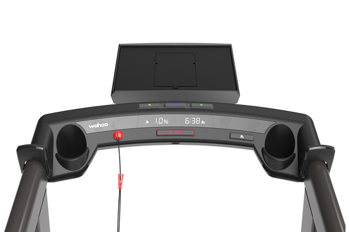 Wahoo Kickr Run smart treadmill console with digital display, black handles, and red emergency stop button on white backgroun