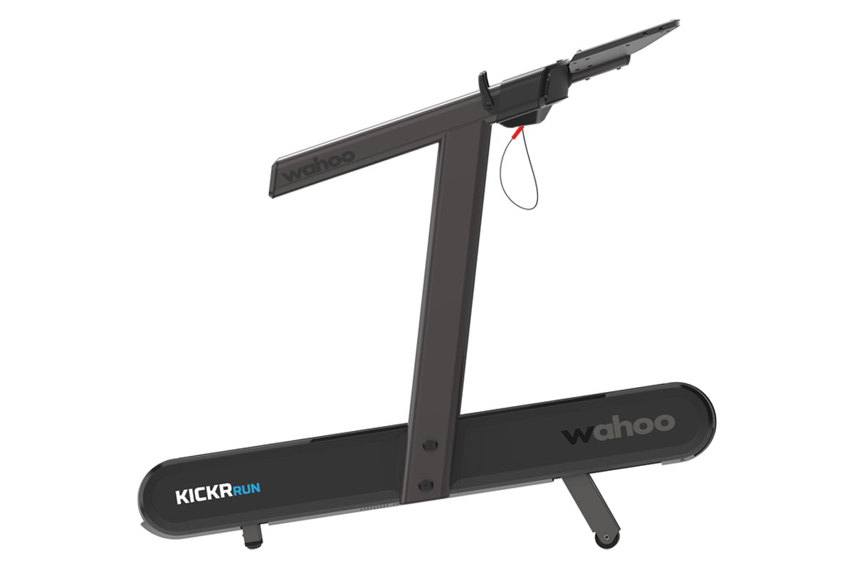 Wahoo KICKR RUN black smart treadmill with angled running deck and handlebar on white background