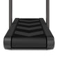 Black smart treadmill with dual antennas, chevron-patterned running deck, and curved side rails on white background