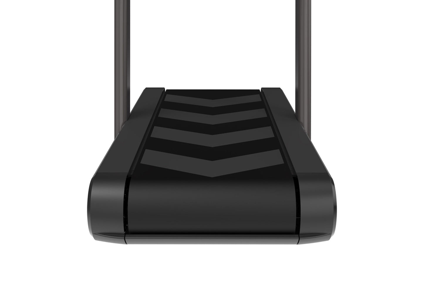 Black smart treadmill with dual antennas, chevron-patterned running deck, and curved side rails on white background