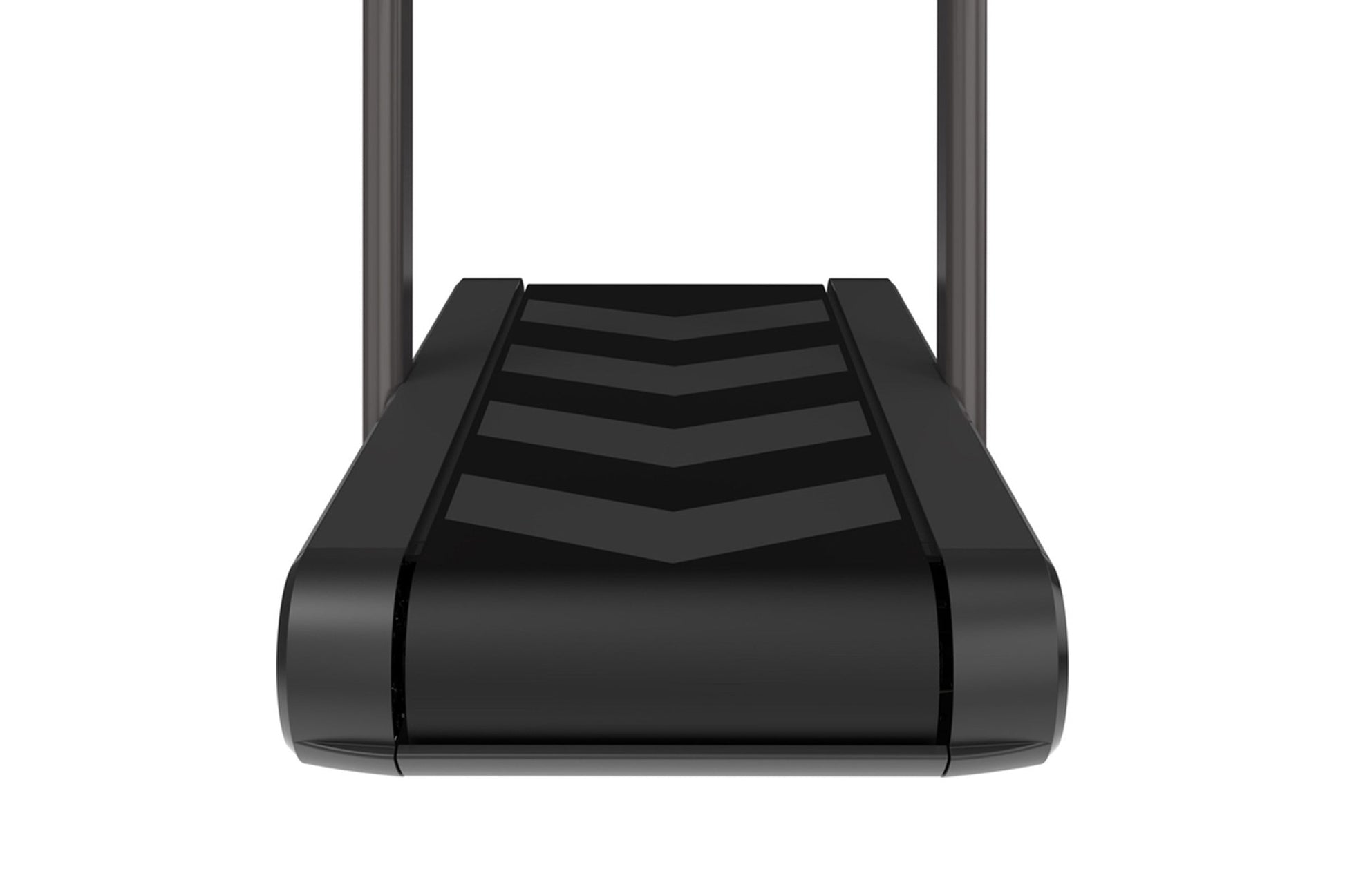 Black smart treadmill with dual antennas, chevron-patterned running deck, and curved side rails on white background