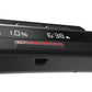 Black treadmill console displaying battery level, time, and red stop button on white background