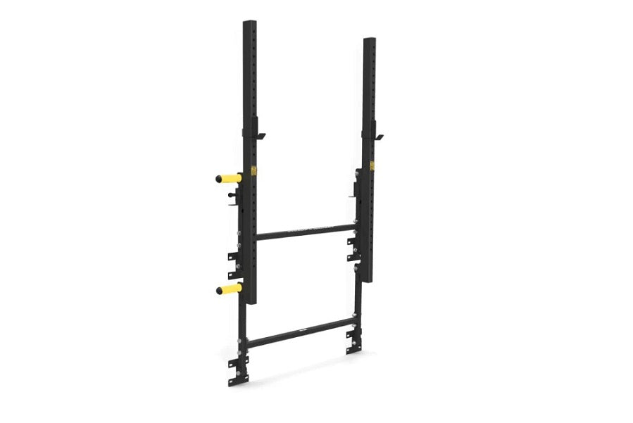 Black fold-up squat rack with yellow safety stops, two vertical posts, and horizontal safety bars on white background