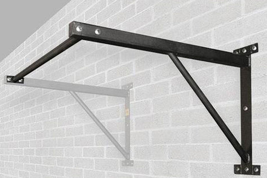 Black steel wall-mounted chin up bar with diagonal support braces and mounting brackets, installed on brick wall