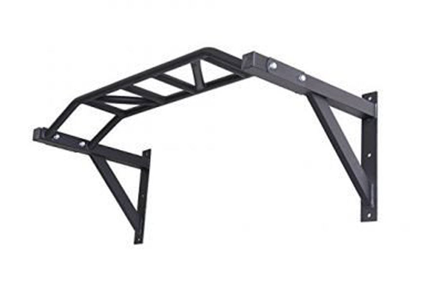 Black steel wall-mounted chin up bar with multi-grip handles and angled support brackets, shown on white background