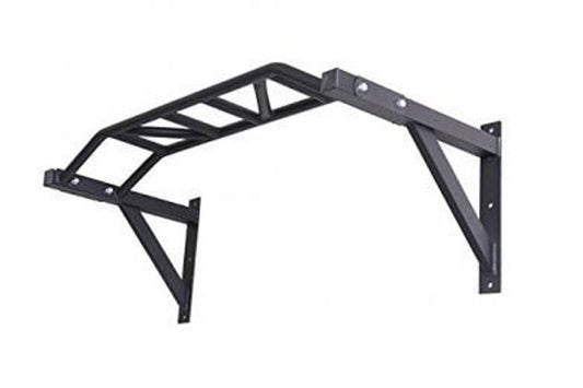 Black steel wall-mounted chin up bar with multi-grip handles and angled support brackets, shown on white background