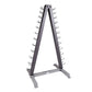 Warrior 12-pair vertical dumbbell rack with black and gray steel frame and triangular base design on white background