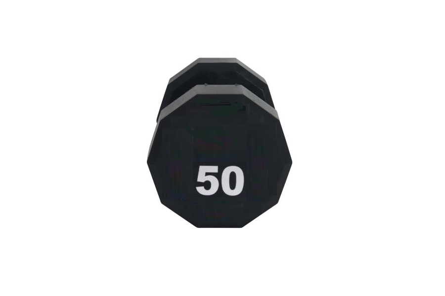 Black 12-sided urethane dumbbell marked with 50 pounds, shown on white background