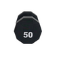 Black 12-sided urethane dumbbell marked with 50 pounds, shown on white background