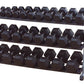 Three-tier dumbbell rack with gray steel frame holding black hexagonal dumbbells arranged in descending weight order on white