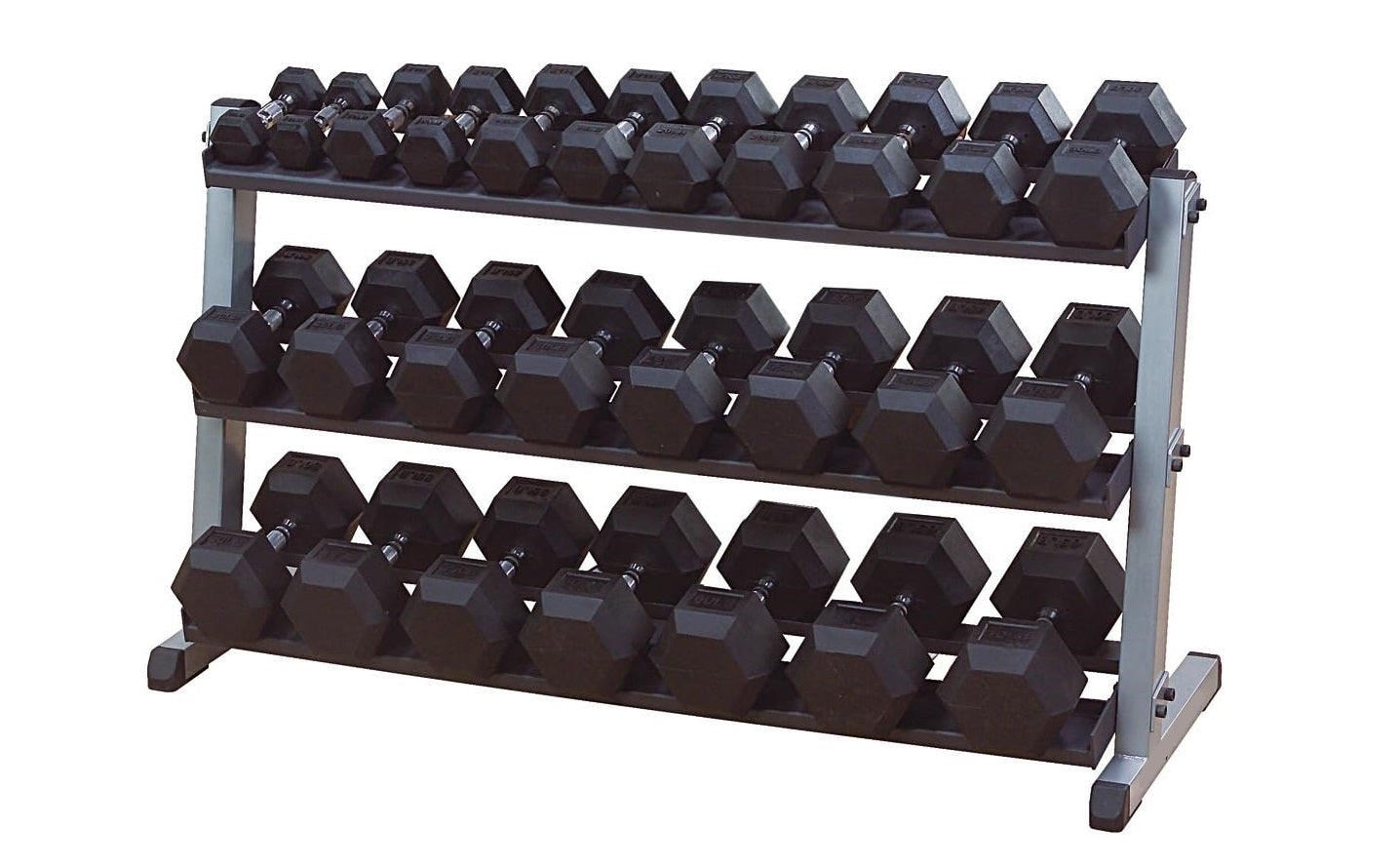 Three-tier dumbbell rack with gray steel frame holding black hexagonal dumbbells arranged in descending weight order on white