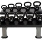 Warrior 2-Tier Commercial Kettlebell Rack with ten black kettlebells labeled 10 to 50 lbs, on white background