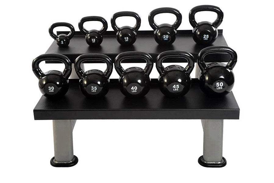 Warrior 2-Tier Commercial Kettlebell Rack with ten black kettlebells labeled 10 to 50 lbs, on white background
