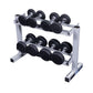 Two-tier horizontal dumbbell rack with white steel frame and black rubber-coated dumbbells on white background