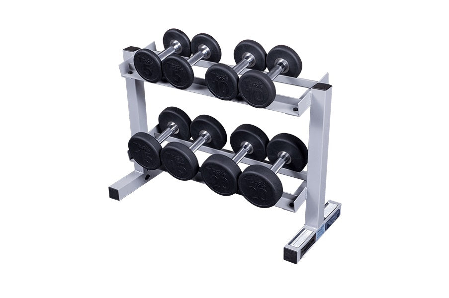 Two-tier horizontal dumbbell rack with white steel frame and black rubber-coated dumbbells on white background
