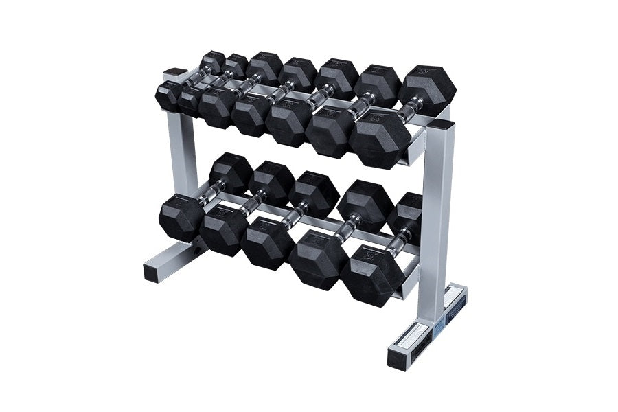 Two-tier horizontal dumbbell rack with silver steel frame holding black hexagonal dumbbells on white background