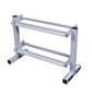 Silver 2-tier horizontal dumbbell rack with black foot pads and handles, displayed on white background