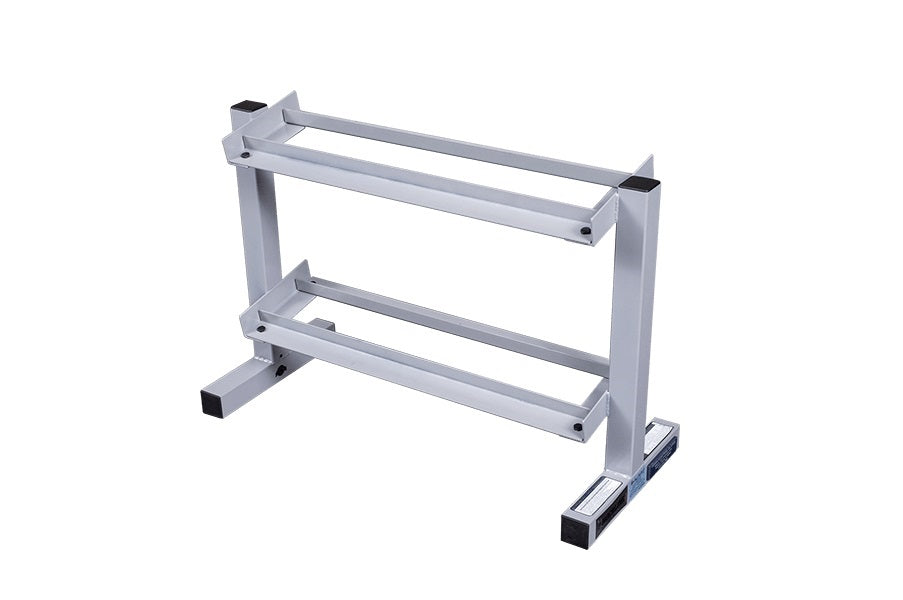 Silver 2-tier horizontal dumbbell rack with black foot pads and handles, displayed on white background