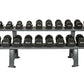 Two-tier black dumbbell rack holding 20 round dumbbells with labeled weights, on white background