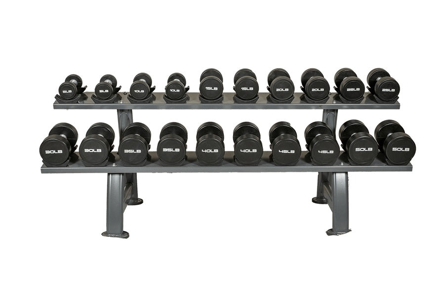 Two-tier black dumbbell rack holding 20 round dumbbells with labeled weights, on white background