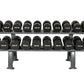 Two-tier black dumbbell rack holding multiple round weights labeled 5LB through 10LB, with gray metal frame and legs on white