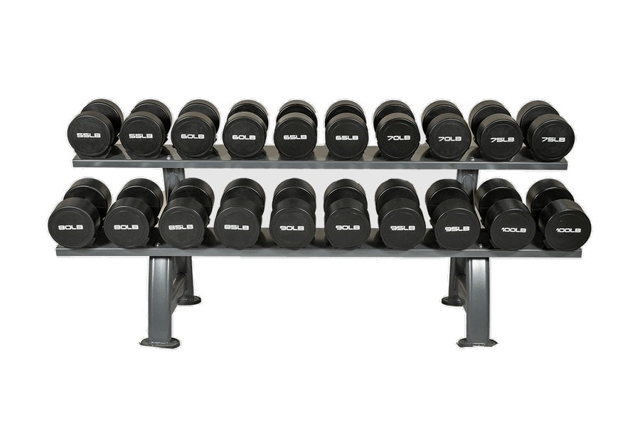 Two-tier metal dumbbell rack holding twenty black urethane dumbbells with white weight labels, on white background