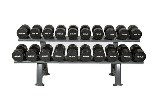Two-tier metal dumbbell rack holding twenty black urethane dumbbells with white weight labels, on white background