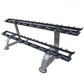 Two-tier black and gray dumbbell rack with saddle-style holders, shown on white background