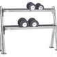 Warrior 2-tier dumbbell rack with silver steel frame and black rubber-coated dumbbells labeled SPRI on white background