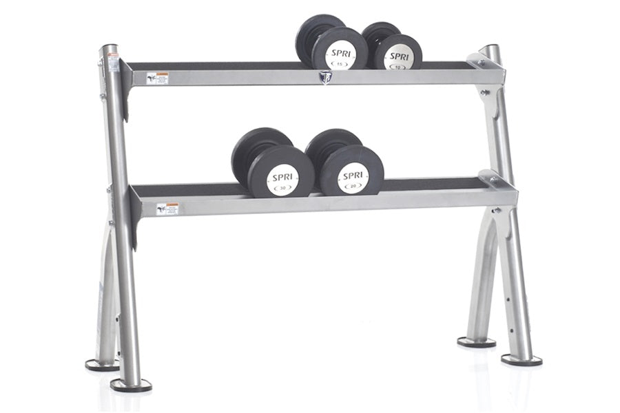 Warrior 2-tier dumbbell rack with silver steel frame and black rubber-coated dumbbells labeled SPRI on white background
