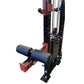 Black and red cable crossover pulley power rack with dual blue cylindrical weights and chrome bars on white background