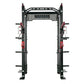 Warrior 2.0 black and red cable crossover power rack with dual pulleys and adjustable barbells on white background