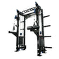 Warrior 2.0 black cable crossover pulley power rack gym system with blue pulleys and weight pegs on white background