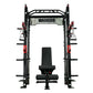 Warrior 2.0 black cable crossover power rack with red pulley system and attached black weight bench on white background