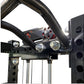 Black steel cable crossover pulley system with red accents, chrome handles, and integrated lat pulldown attachment on white b