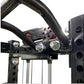 Black cable crossover pulley system with adjustable steel frame, metal pulleys, and connecting cables on white background