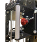 White mesh cylindrical cable guide on black metal pulley system with red lever and chrome hardware, part of gym equipment