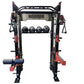 Warrior 2.0 black and red cable crossover power rack with kettlebells on shelf, viewed from front on white background